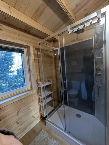 eine Dusche in einem winzigen Haus in der Unterkunft Chalet lohr in Lohr