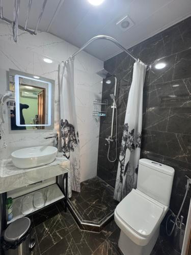 埃里温MargaryanS hotel的浴室里有洗手池、马桶和淋浴。