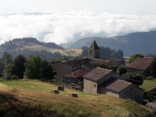 een dorp met een kerk en koeien in een veld bij Camping à la Ferme de la Marette in Gluiras