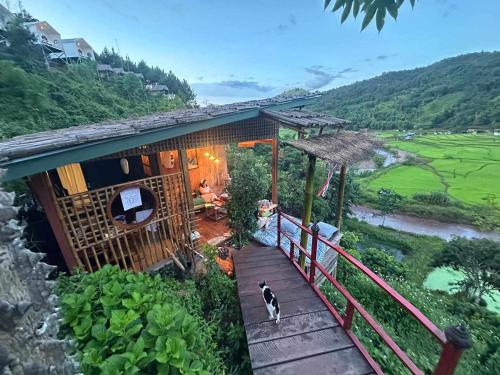 een hond op een veranda van een huis bij เวนิสบ้านเวร in Ban Khun Nam Nan