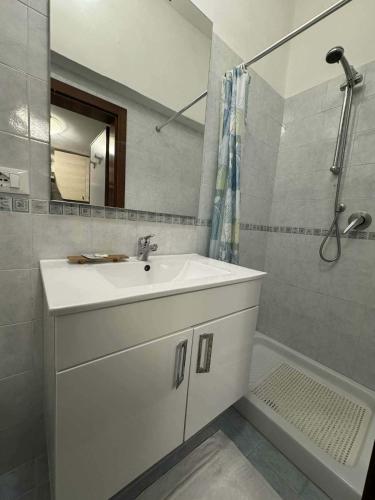 a white bathroom with a sink and a shower at Ca' Malatin in Venice