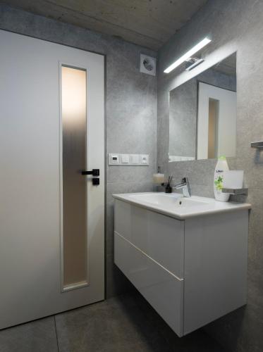 a bathroom with a white sink and a mirror at Apartment Brno-Lesná in Brno