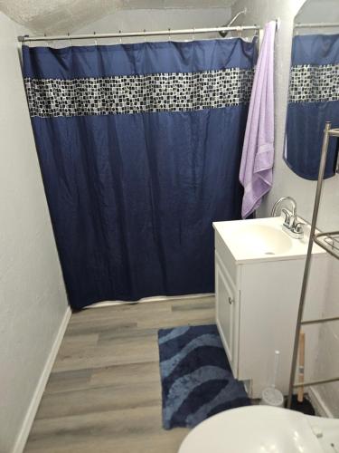 ein Badezimmer mit einem blauen Duschvorhang und einem Waschbecken in der Unterkunft Place to stay in Lawton