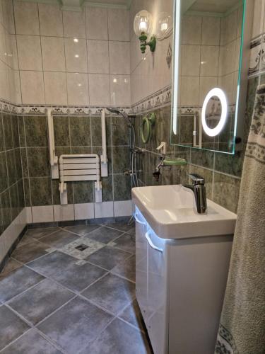 ein Badezimmer mit Waschbecken und Spiegel in der Unterkunft Ferienwohnung Am Öpitzer Berg in Pößneck