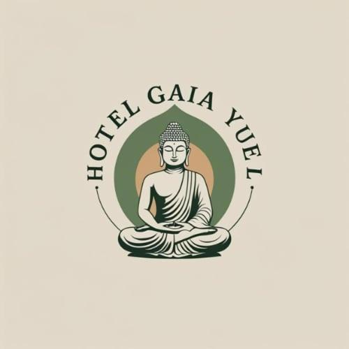 Ein Logo für ein Meditationszentrum mit einem Mann, der in einem Kreis sitzt. in der Unterkunft GaiaYuel in Thimphu