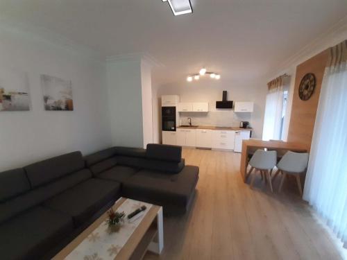 ein Wohnzimmer mit Sofa und Tisch in der Unterkunft Apartament w Czarnowąsach 3 in Oppeln