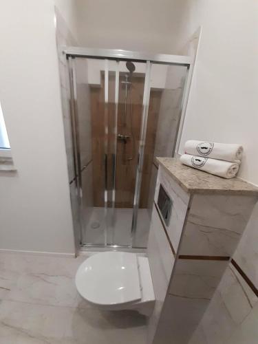 a bathroom with a shower with a toilet and towels at Apartament w Czarnowąsach 3 in Opole