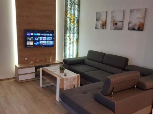 ein Wohnzimmer mit Sofa und Tisch in der Unterkunft Apartament w Czarnowąsach 3 in Oppeln