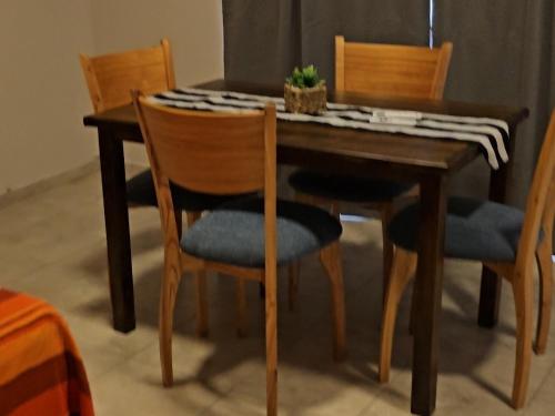 een houten tafel met vier stoelen en een plant erop bij Edificio-Pellegrini PA in Bragado