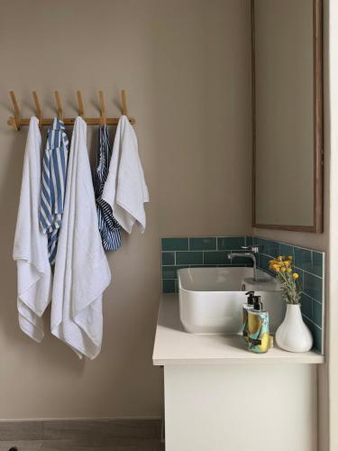 a bathroom with a sink and towels on a wall at Palm Springs in Struisbaai