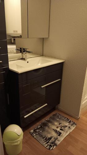 a bathroom with a sink and a mirror and a rug at 31 avenue GEORGES CLEMENCEAU in Le Mont-Dore
