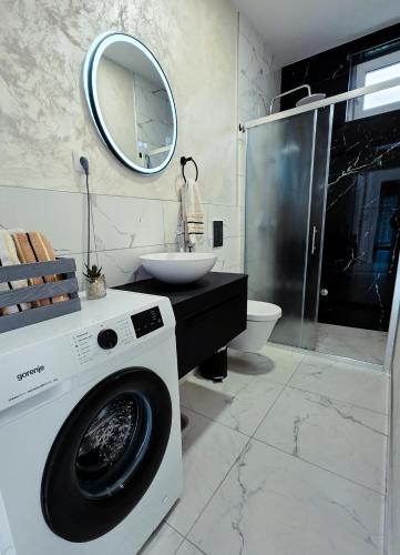a bathroom with a washing machine and a sink at Apartman Fratelli in Ljubuški