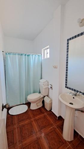 ein Badezimmer mit Toilette und Waschbecken in der Unterkunft Residencia playa Punta Veleros in Los Órganos