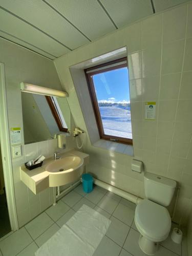une salle de bain avec un lavabo et des toilettes et une fenêtre dans l'établissement Le Grand Connétable, à Châteauneuf-de-Randon