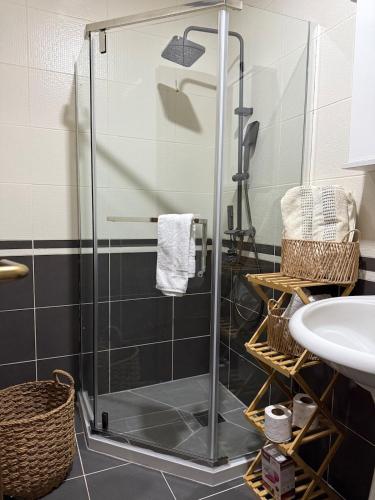 una doccia in vetro in un bagno con lavandino di 01 Apartment a Kosovo Polje