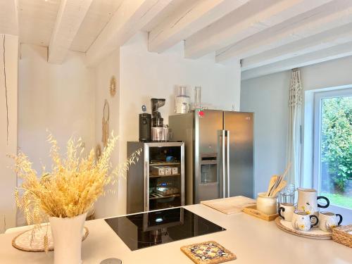 une cuisine avec un réfrigérateur en acier inoxydable et un comptoir dans l'établissement villa Luberon, à Saint-Saturnin-lès-Apt