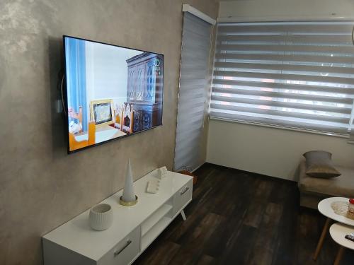 ein Wohnzimmer mit einem Fernseher an der Wand in der Unterkunft Apartman Mirjana in Sarajevo