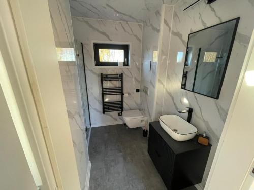 een badkamer met een wastafel, een toilet en een spiegel bij Pochyła 80 home&spa in Rybnik