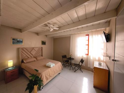 a bedroom with a bed and a ceiling fan at Hospedaje El Cairo in Ica