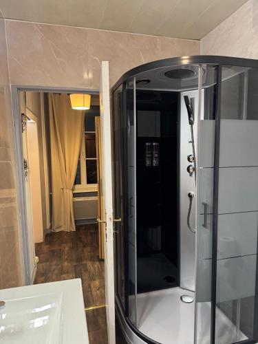 a glass shower in a bathroom next to a sink at Studio de la Doller in Masevaux