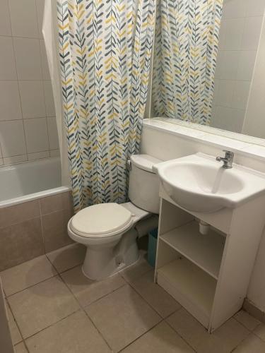 a bathroom with a toilet and a sink and a shower curtain at Departamento Puertas del Mar in La Serena