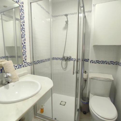 a bathroom with a shower and a toilet and a sink at Sirena Center apartment in Seville