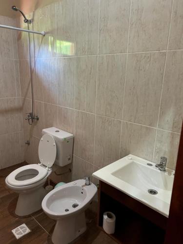 a bathroom with a toilet and a sink at Cabañas la flor in Puerto Piray