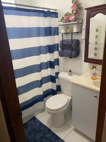a bathroom with a toilet and a blue and white shower curtain at Caguas Like Home in Caguas