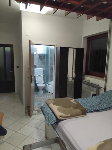 a room with a bed and a bathroom with a toilet at Apartman Buco in Livno
