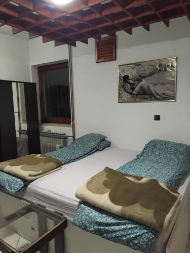 two twin beds in a room with a window at Apartman Buco in Livno