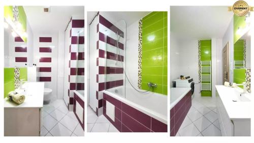 two pictures of a bathroom with green and purple at Mezonet Jarková in Prešov