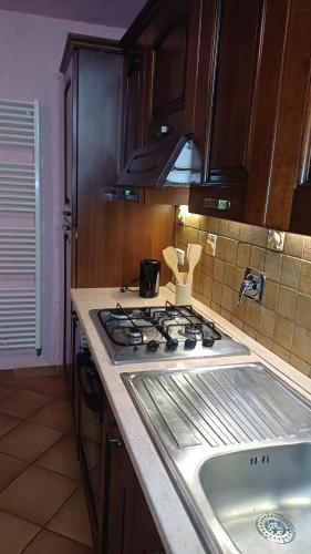 eine Küche mit Herd oberer Ofen neben einer Spüle in der Unterkunft La Tavernetta in Ponte della Venturina
