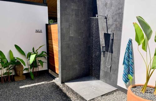 a bathroom with a shower with plants in it at Honu Villas - Nui in Nosara
