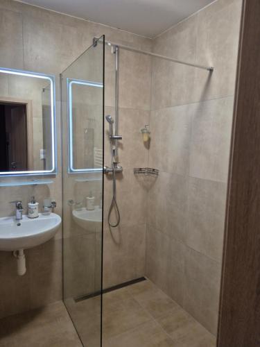 a bathroom with a shower and a sink at Apartman Lúčky-Rea in Belá