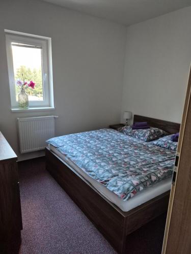a bedroom with a bed and a window at Apartman Lúčky-Rea in Belá