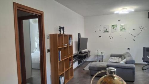 a living room with a couch and a tv at GS Valtellina con giardino privato in Morbegno