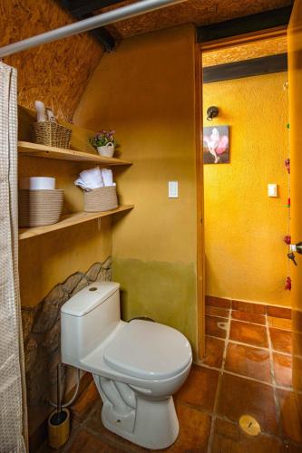 a bathroom with a white toilet in a room at Cabaña mágica en Valle Sagrado in Cusco