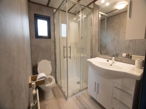 un bagno con doccia, WC e lavandino di Stay with Beach and Minigolf Views a Overbroek
