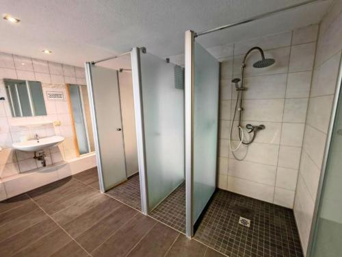 a bathroom with a shower and a sink at Family-Friendly Guesthouse in the Oderbruch in Genschmar