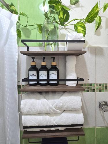 a shelf with four bottles of toilet paper and towels at Loft Rayito de Sol, Zihuatanejo Center with AC in Zihuatanejo