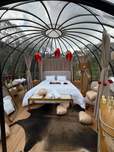 a bedroom with a bed in a dome tent at Cabana Bolha Realeza in Manhuaçu