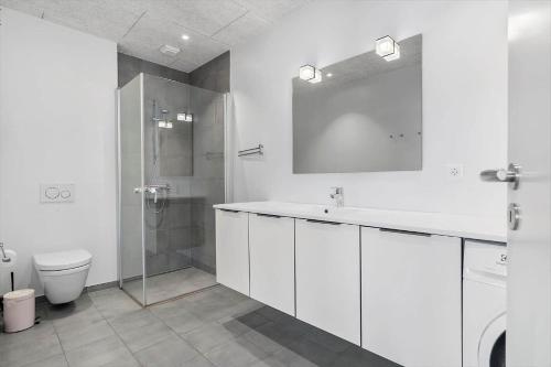 een badkamer met een toilet, een wastafel en een douche bij 905-Hvide-Sande-Langsand-80 in Hvide Sande