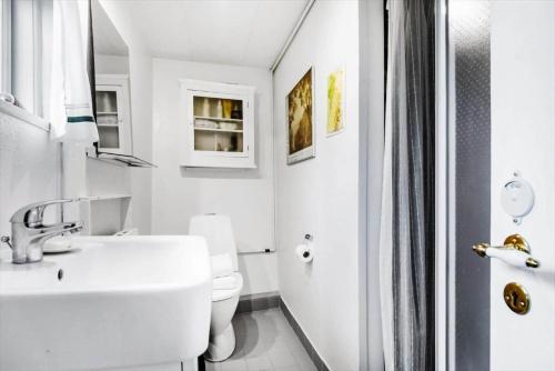 une salle de bain blanche avec un lavabo et des toilettes dans l'établissement 4020-Stege-Udbyvej-10, à Stege