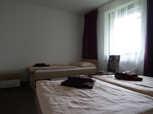 a room with two beds and a window at Penzion Eden Turnov in Turnov