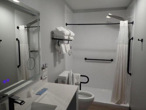 een witte badkamer met toilet en douche bij Ponderosa Lodge, an Ascend Collection Hotel in Red River