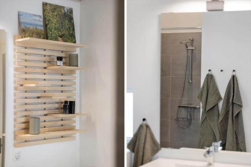 un bagno con lavandino e doccia di OH522-Hadsund-Vidjeparken-18 a Hadsund