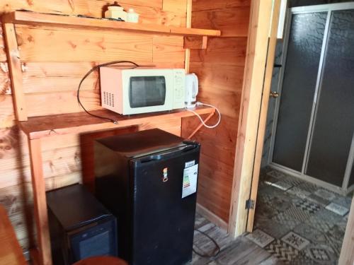 蒙特港Cabin with Jacuzzi的小房子里有一台微波炉和一台冰箱