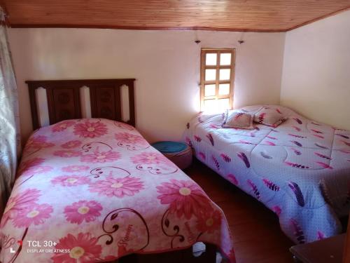 una camera da letto con due letti e una finestra di Ecuturisticos Barbacoa casa de la luna a Cáqueza