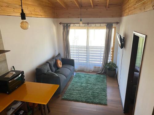 een woonkamer met een bank en een groen kleed bij playanorte in Choapa