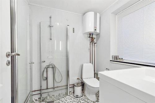 a white bathroom with a shower and a toilet at 11804-Nykobing-Sj-Linesvej-2 in Nyrup